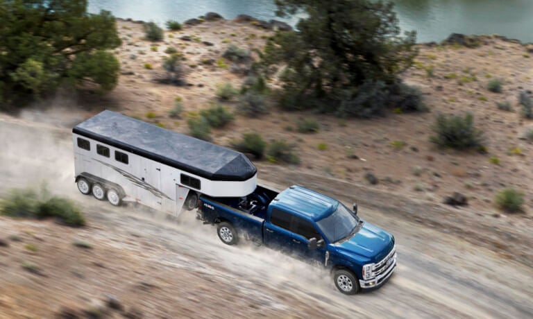 2026 Ford Super Duty towing an RV from above